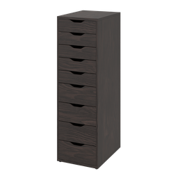 "Alex Drawer Unit - Tall, a dark grey wooden cabinet with five drawers, perfect for office storage. This 3D model in FBX format offers a tired appearance and can be seamlessly integrated into any workspace. Ideal for creating more space and keeping things organized on your desk or as a standalone piece when securely attached to the wall. Get this versatile furniture overturned in your Blender 3D projects!"