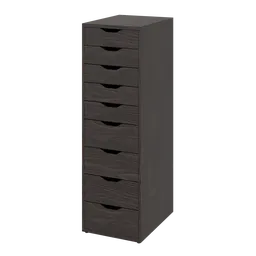 "Alex Drawer Unit - Tall, a dark grey wooden cabinet with five drawers, perfect for office storage. This 3D model in FBX format offers a tired appearance and can be seamlessly integrated into any workspace. Ideal for creating more space and keeping things organized on your desk or as a standalone piece when securely attached to the wall. Get this versatile furniture overturned in your Blender 3D projects!"