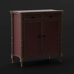 "Sideboard Buffet Serving Cabinet 3D model for Blender 3D software. Inspired by Louise Abbéma and 1920s furniture, this nonbinary model features a smooth fuchsia skin and a dark paint finish. The cabinet includes a drawer on top and showcases a refined nose design, embodying a rococo color scheme reminiscent of Greta Thunberg's activism. Perfect for adding elegance to your hall scene renders."