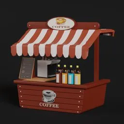 "Low poly coffee shop 3D model for Blender 3D with highly detailed object content, inspired by Dave Arredondo and Manjit Bawa. Features a small coffee stand, sign and cup of coffee, awnings, and vendor stalls."