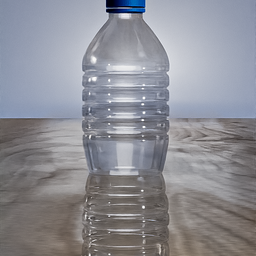 "Photorealistic plastic bottle 3D model for Blender 3D - perfect for drink related scenes. Rendered with f4.0 120mm, this model features a blue cap on a table and is ideal for digital art and photo-realistic projects."
