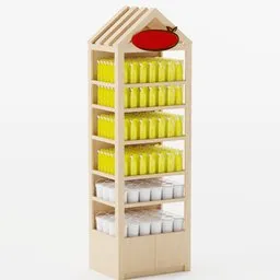 Detailed Blender 3D wooden mayo rack model with multiple shelves and storage for retail display.