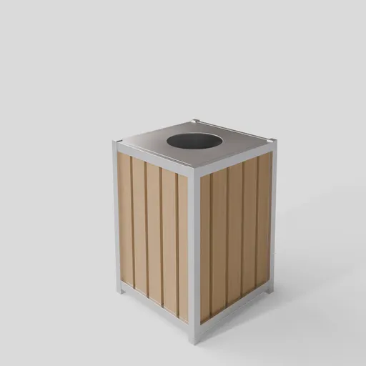 Detailed 3D rendering of a Maglin 1050 trash bin, Blender 3D compatible, with wooden slat design for industrial use.