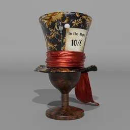 Intricate 3D-rendered top hat with golden motifs, red sash, and price tag detail, rig-enabled for flexible animation in Blender.