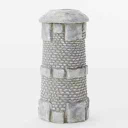 "Game-ready, low-poly stone pillar model for Blender 3D. Rustic tower design inspired by Ambrose McCarthy Patterson, featuring highly-detailed battlements and metallic ceramic texture. Perfect for exterior environments and RPG item renders."