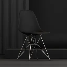Black 3D modeled plastic office chair with steel legs, suitable for Blender 3D rendering and design.