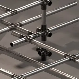Detailed 3D rendering of metal piping network with realistic textures for Blender modeling.
