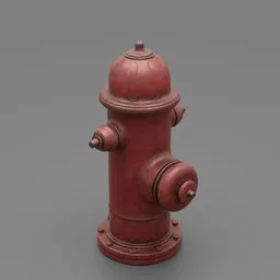"Red Firehydrant 3D model for Blender 3D - A finely detailed, copper-patina fire hydrant standing on a gray surface. Ideal for exterior scenes and emergency rescue simulations."
