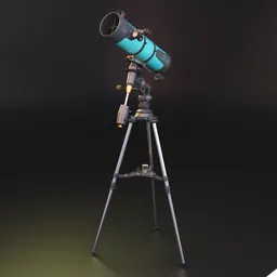 Detailed realistic 3D model of a blue Newtonian reflector telescope on a tripod, rendered in Blender.