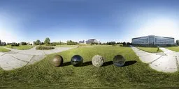 Urban HDR panorama of SGGW campus with unclipped sun casting dynamic shadows for realistic scene lighting.