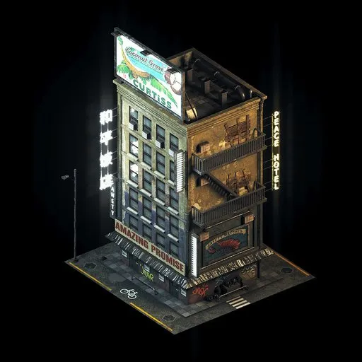 Detailed vintage hotel 3D model with neon sign, designed for Blender rendering and architecture visualization.