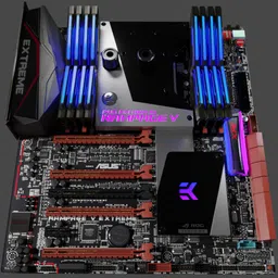 Detailed 3D rendering of a high-definition motherboard with RAM slots and cooling system for Blender artists.