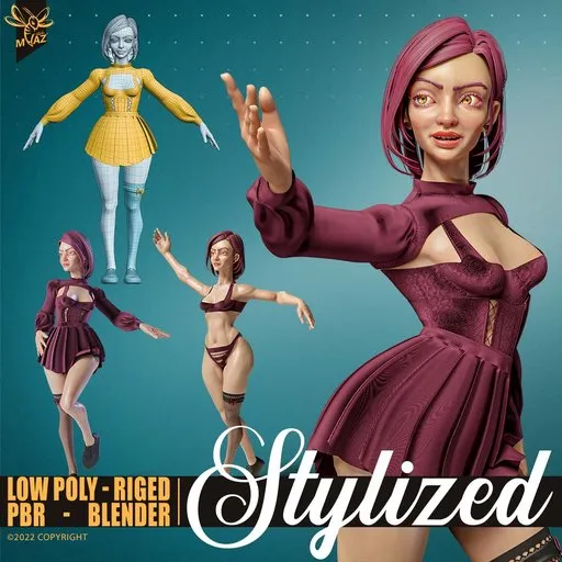 3D model of a female rigged PBR character with multiple poses, showcasing high-quality BlenderKit assets including a Blender scene set up for EEVEE and Cycles rendering, game and animation-ready topology, and 4K PBR textures, created by freelance artist Seyed Mojtaba Hashemi. Available in both high poly and low poly versions with clean UV, realistic rigging, and FBX/OBJ file formats for versatile use in 3D projects.