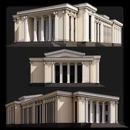 Detailed Blender 3D classical theatre with columns and pediment, showcasing symmetry and architectural elegance.