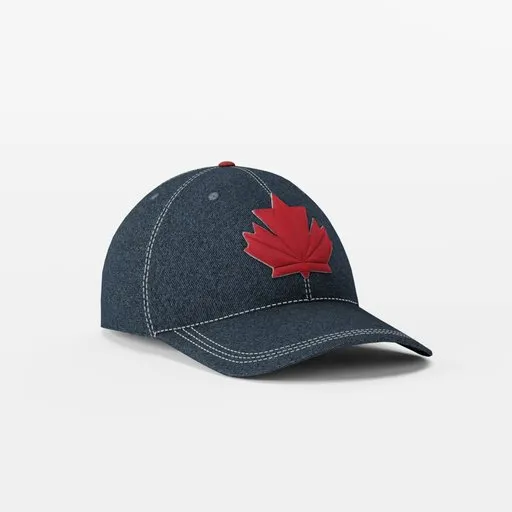 3D model of a denim cap with red maple leaf, high-resolution textures, created in Blender and Substance Painter