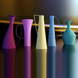 "Modern ceramic vases in a colorful and photorealistic 3D render, modeled in Blender 3D. Featuring four vases with long, stiff necks and simplified shapes, set on a table with a mirror. Perfect for your Blender 3D model collection."