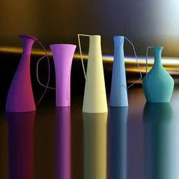 "Modern ceramic vases in a colorful and photorealistic 3D render, modeled in Blender 3D. Featuring four vases with long, stiff necks and simplified shapes, set on a table with a mirror. Perfect for your Blender 3D model collection."