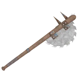 "Post Apocalyptic melee weapon made from improvised tools by Blender 3D model. Stylized 3D graphics with a medieval zombie peasant inspiration, featuring a large wooden axe with a metal handle and gearwheels. High-textured and visually captivating SCP anomalous object for your game design needs."