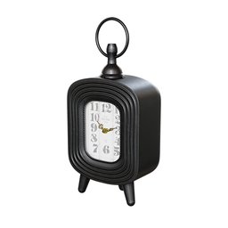 "Rustic clock for Blender 3D: A small black clock with a metal stand, perfect for adding charm to living rooms, bedrooms, and rooms. Enhance your 3D designs with this nostalgic nineties-inspired clock featuring a tired yet schmuck appearance, square black pupil, and black fork. Dimensions and side view also included."