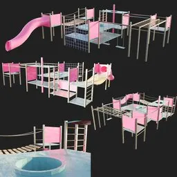 Detailed 3D model render of children's playground equipment for Blender showcasing multiple angles including a slide and climbing areas.