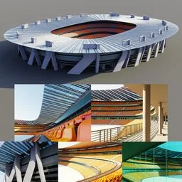 "Realistic Modern Stadium 3D Model for Blender 3D: 90k seat capacity, grandstands, circular design, and emissive lighting. Convertible to real geometry with Make Instances Real function."
