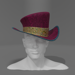 "Get the perfect gambler look with our Fancy Asymmetric Gambler Hat 3D Model featuring a golden and blue band. Inspired by Alexander Sharpe Ross, this wool hat showcases arcane patterns in rainbow colors, and can be customized using the shader nodes. Ideal for male bards and circus-themed games, this in-game model comes with multiple textures and a mannequin head."