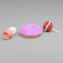 3D render of stylized low poly sweets including a donut and lollipop, ideal for Blender graphic projects.