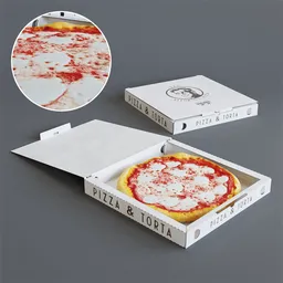Detailed Blender 3D margherita pizza model with box, photorealistic textures, and functional package animation.