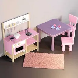 "Kids Kitchen: a detailed and adorable 3D model ideal for toy collections. This Blender 3D model features a small playroom with a table and chairs, inspired by the iconic pink character and designed by Caroline Lucy Scott. With real-world scaled textures, this fantasy-inspired toy kitchen is perfect for creating bakery scenes in vibrant fantasy colors."