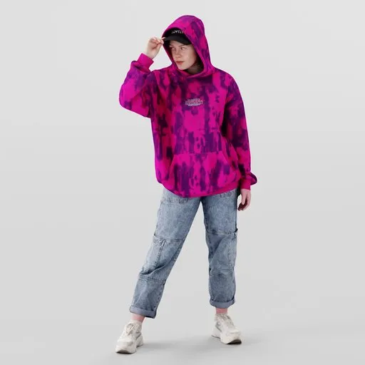3D model of a stylized girl in a pink hoodie and jeans, posed with hand on cap, optimized for Blender renderings.