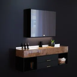 "Discover a sleek and elegant black bathroom vanity with a stone vessel, designed for Blender 3D. This award-winning, gold-accented piece by Irene and Laurette Patten features a floating design, complemented by a mirror on the wall. Immerse yourself in the detailed craftsmanship of this exquisite 3D model, perfect for your bathroom furniture collection."