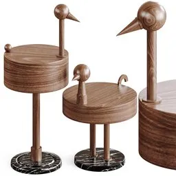 Detailed 3D model of bird-shaped wooden side tables with precise dimensions, UV mapping, and Blender cycles rendering.