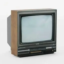 "Vintage TV set 3D model with wooden stand, white border frame, and Japanese 80's aesthetic. Rendered in Blender 3D, perfect for museum exhibits or retro-themed projects."