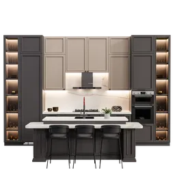 Detailed 3D Blender model of a stylish, well-equipped kitchen with modern appliances and bar stools.