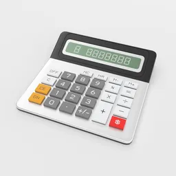 "Red and white button calculator model for Blender 3D, perfect for desks and counters. This 150mm by 150mm model features an SVG illustration, technical vest, and was rendered using the Redshift renderer."