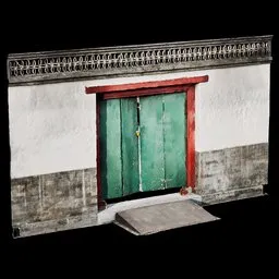 Highly detailed textured 3D model of vintage green door with brick frame for Blender artists.