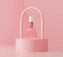 3D rendered scene for lipstick product visualization with a minimalist pink arch and platform.