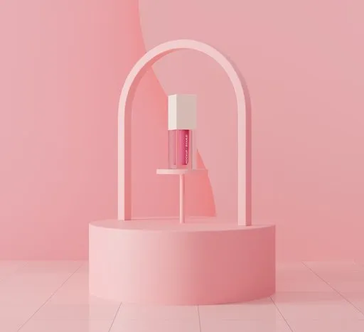3D rendered scene for lipstick product visualization with a minimalist pink arch and platform.