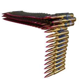 Detailed 3D model of a .50 BMG ammunition belt using geometry nodes, perfect for Blender rendering.