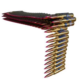 Detailed 3D model of a .50 BMG ammunition belt using geometry nodes, perfect for Blender rendering.