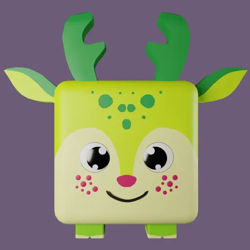 Cute stylized green cube-shaped deer with antlers for 3D Blender design projects.