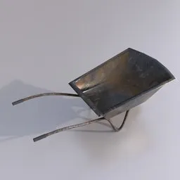 "Metal wheelbarrow with handle for Blender 3D concept art; Soviet-inspired PBR model with ultra-realistic graphics and dirt texture."