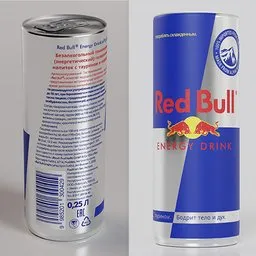 "Close-up of a physically-based rendered Red Bull energy drink can next to another energy drink can in Blender 3D. Modeled by wlop and Andrei Riabovitchev with real wings and vector technical documents for authenticity. Listing image optimized for retail design blog, with reduced duplicate images and spritesheet for quick rendering."