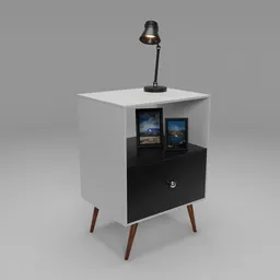 "Mid-century modern white and black bedside table with lamp, perfect for Blender 3D projects. Decorated and ready-to-use with vivid colors and stylized as a 3D render."