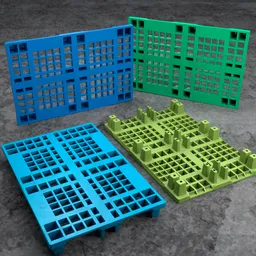 "Lowpoly agriculture plastic pallet for Blender 3D - variable colors, stacked in 3, 28mm scale, by Hans Fries."