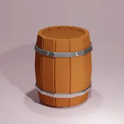 "Stylized lowpoly wooden barrel with metal bands for industrial containers in Blender 3D. Perfect for RPG game inventory items or medieval-themed scenes. Simple and elegant design with realistic painting."