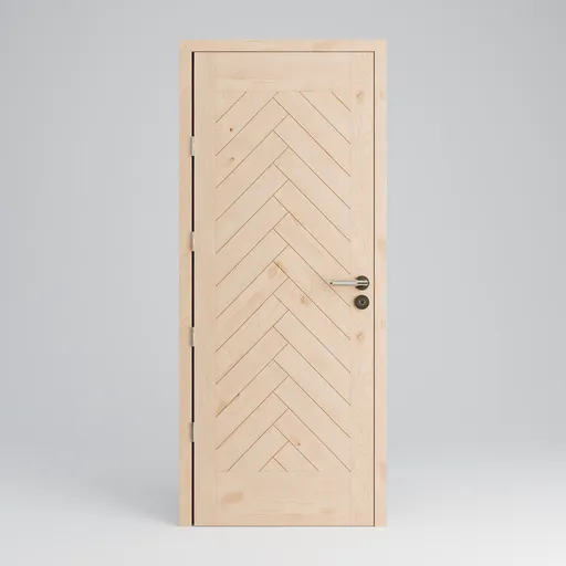 Detailed 3D model of a contemporary herringbone wooden door with metal handle, suitable for Blender rendering.