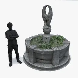3D Blender model of a lowpoly concrete fountain with seal design and 4K textures, suitable for urban scene rendering.