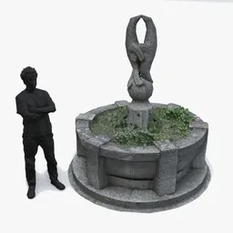 "Lowpoly concrete fountain with flower pot seal 3D model for Blender 3D. Photogrammetry baked with detailed albedo, normal, and rough textures at 4k resolution. Realistic shadows and round base design by Eliot Kohek."