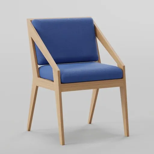 Detailed Blender 3D model of a modern wooden chair with blue upholstery, no background, for CGI and interior design.